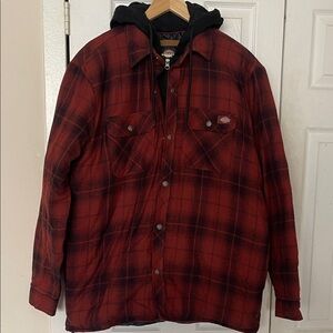 Dickies Hooded Flannel Shirt Jacket Size Large In Rust And Black